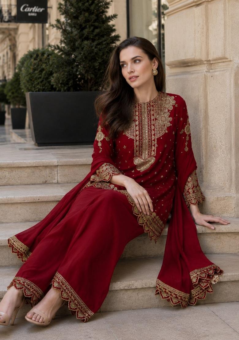 Red Embroidered Georgette Kurta Set - Indya