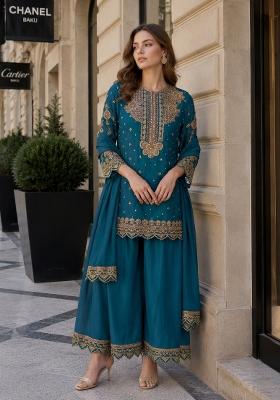 Teal Blue Embroidered Georgette Kurta Set