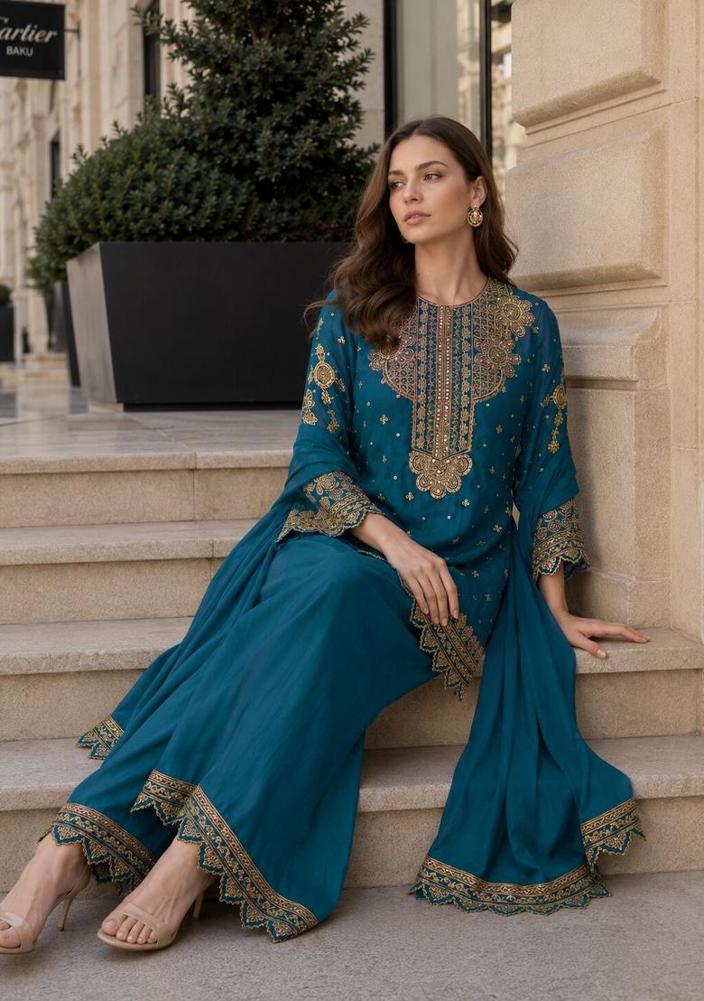 Teal Blue Embroidered Georgette Kurta Set - Indya