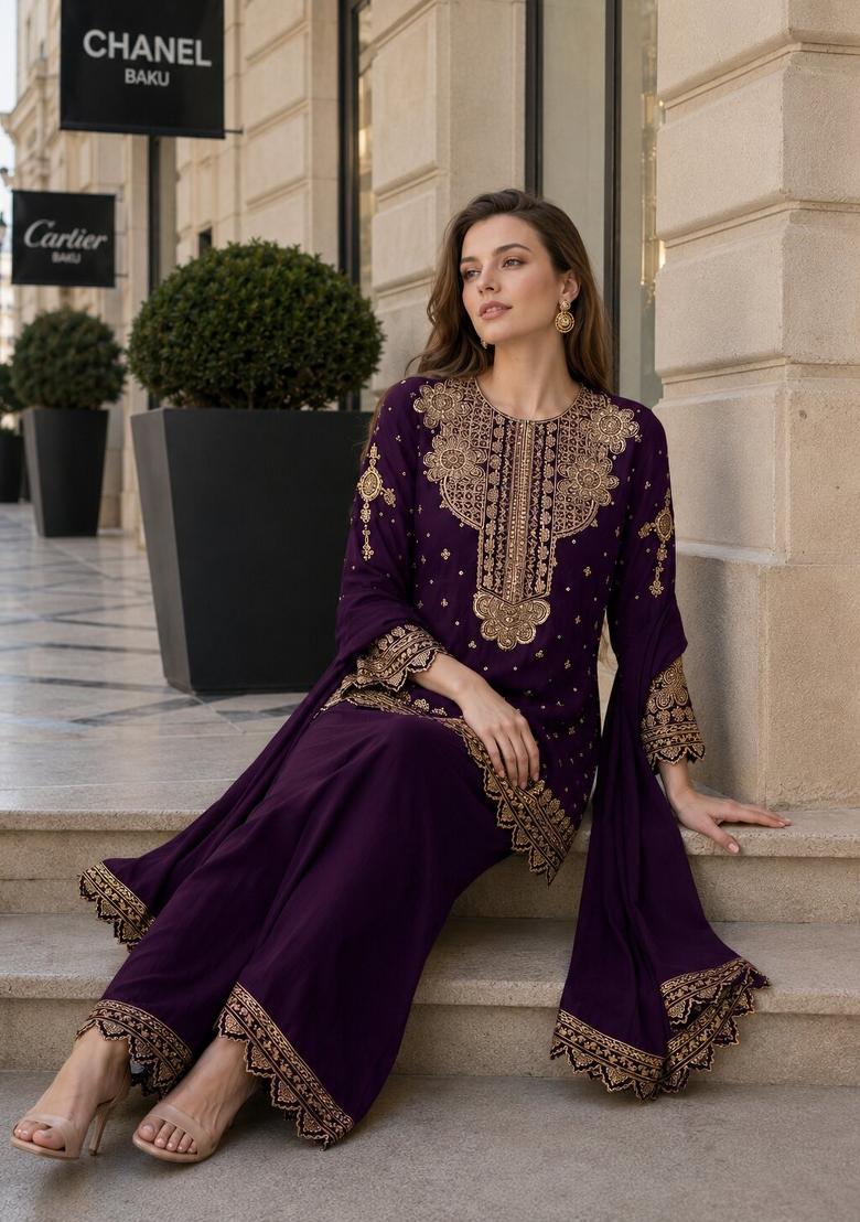 Purple Embroidered Georgette Kurta Set - Indya