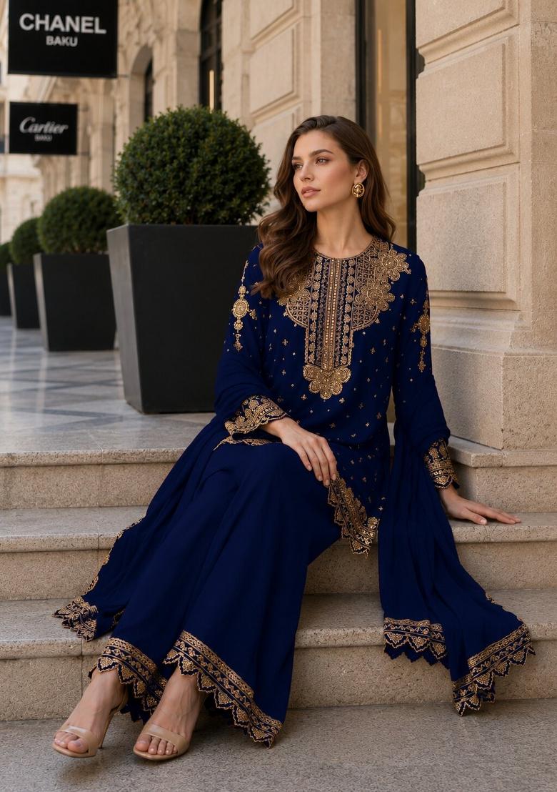 Black Embroidered Georgette Kurta Set - Indya