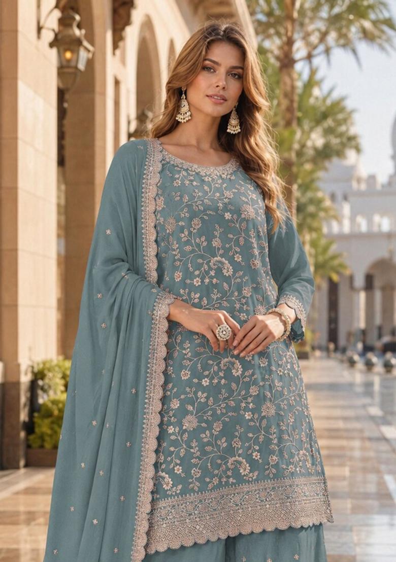 Blue Embroidered Silk Blend Kurta Set - Indya