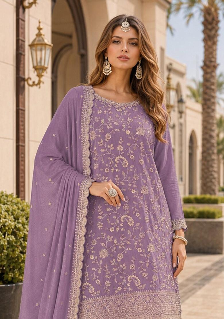 Lavender Embroidered Silk Blend Kurta Set - Indya