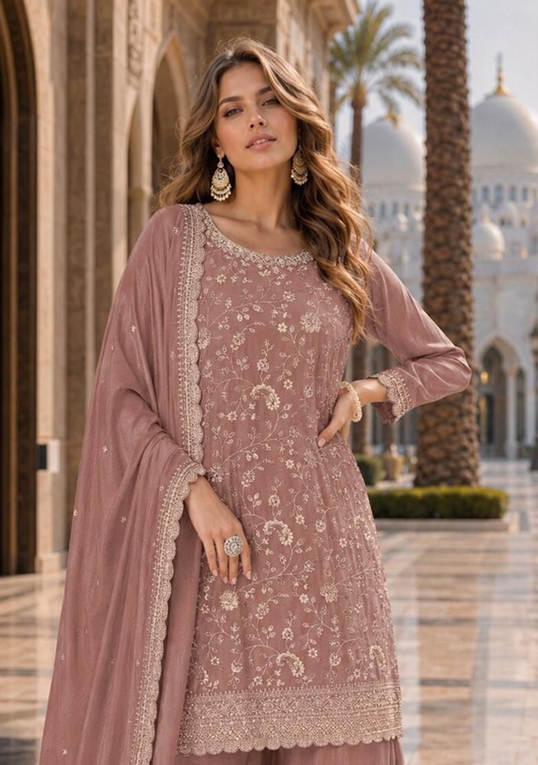Peach Embroidered Silk Blend Kurta Set - Indya
