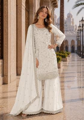 White Embroidered Silk Blend Kurta Set