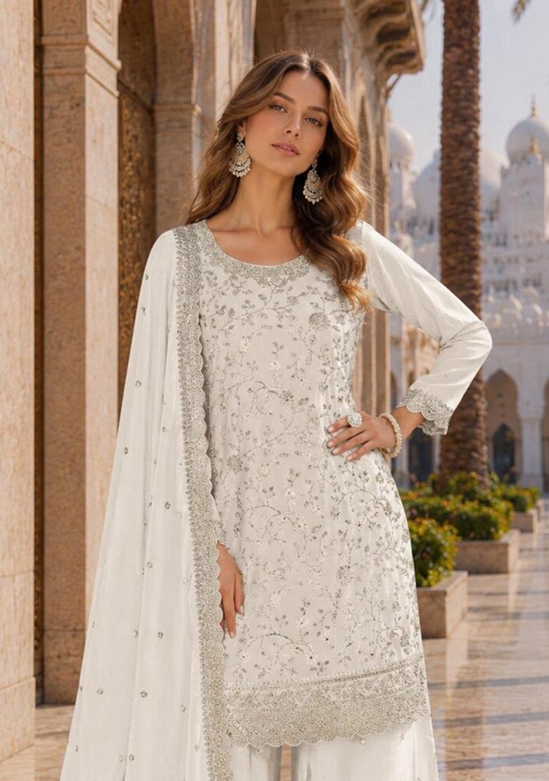White Embroidered Silk Blend Kurta Set - Indya