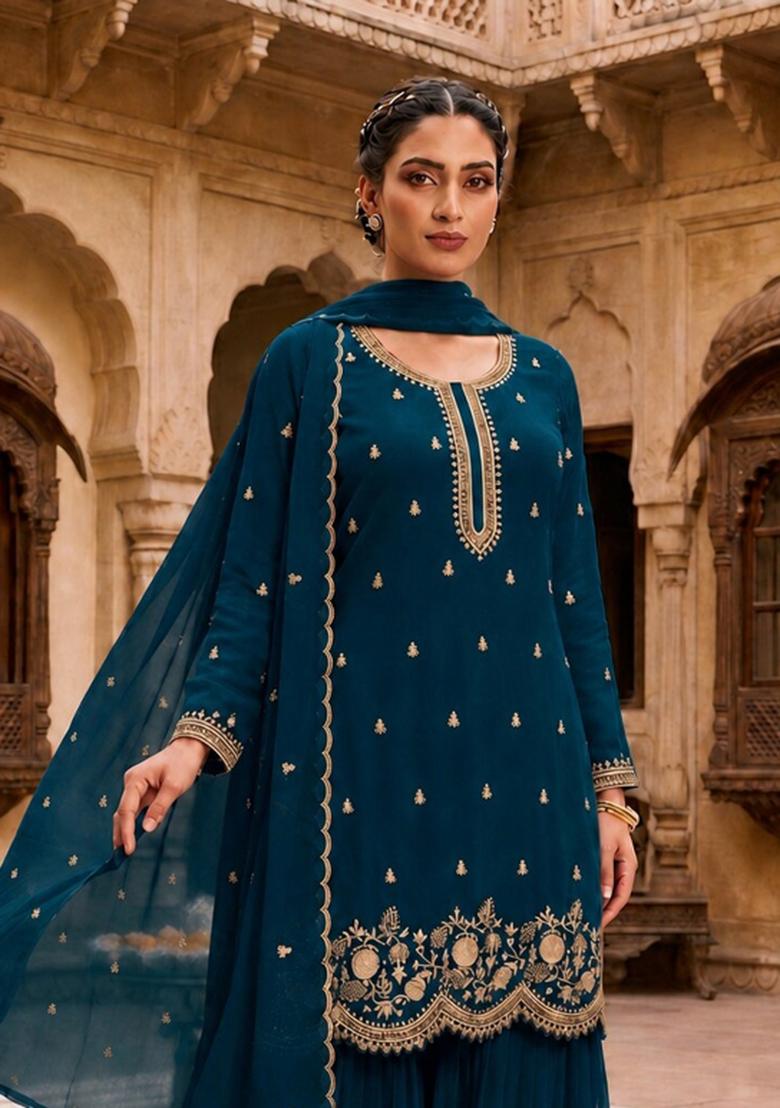 Teal Blue Embroidered Georgette Kurta Set - Indya