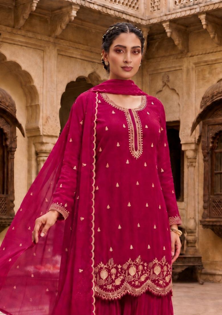 Red Embroidered Georgette Kurta Set - Indya