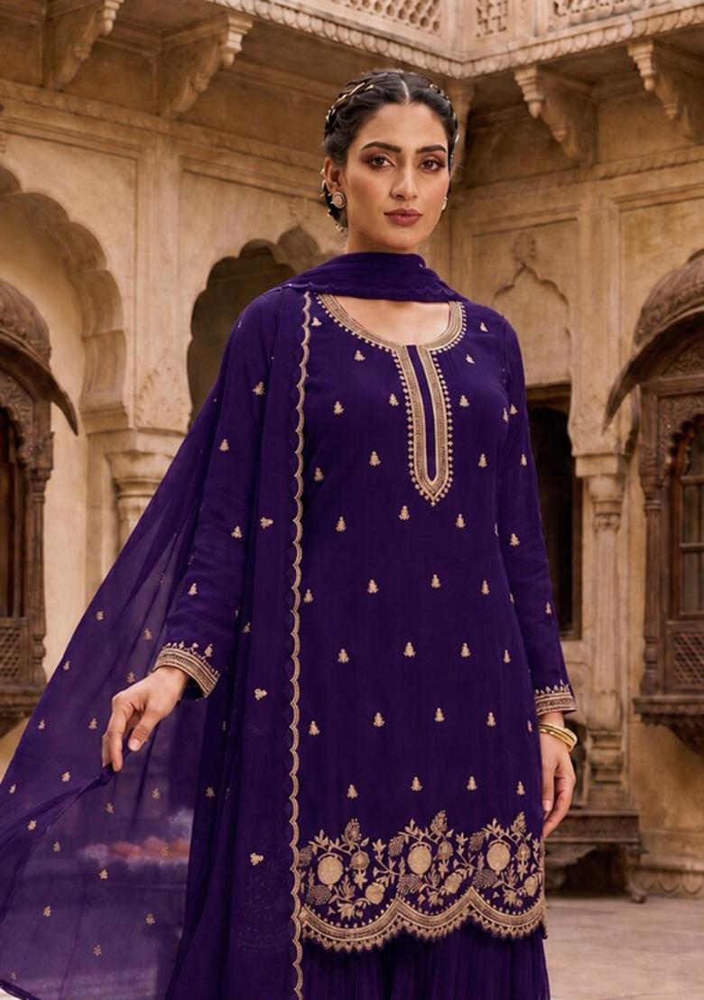 Violet Embroidered Georgette Kurta Set - Indya