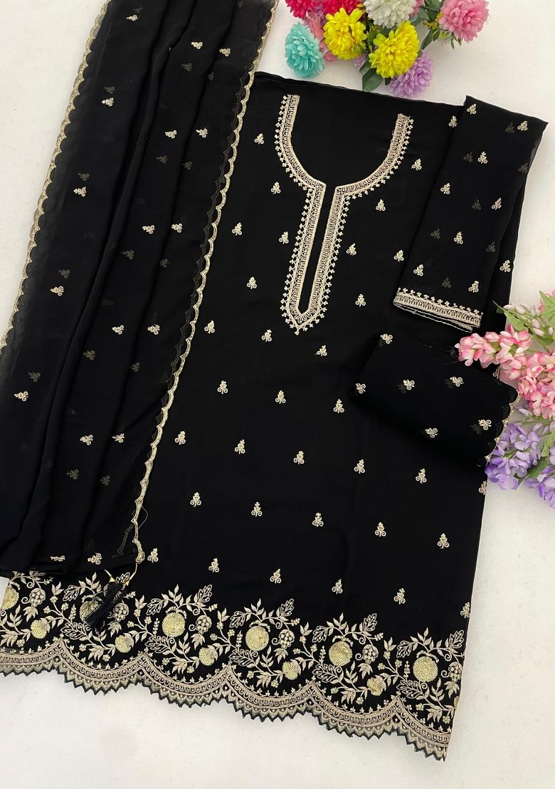 Black Embroidered Georgette Kurta Set - Indya