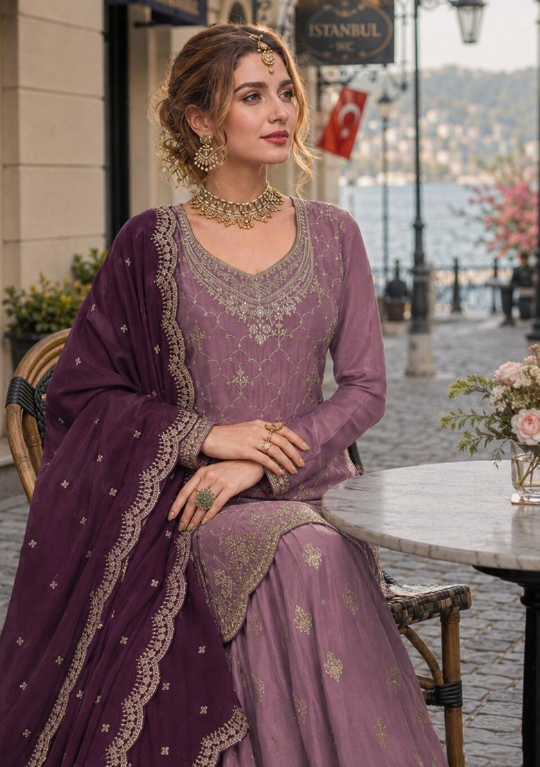 Purple Embroidered Silk Blend Kurta Set - Indya