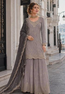 Grey Embroidered Silk Blend Kurta Set