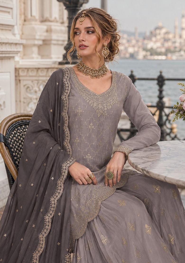 Grey Embroidered Silk Blend Kurta Set - Indya
