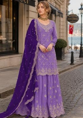 Lavender Embroidered Silk Blend Kurta Set