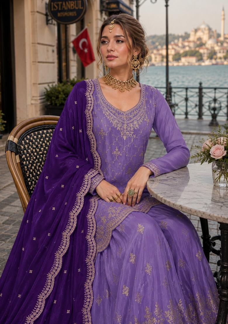 Lavender Embroidered Silk Blend Kurta Set - Indya