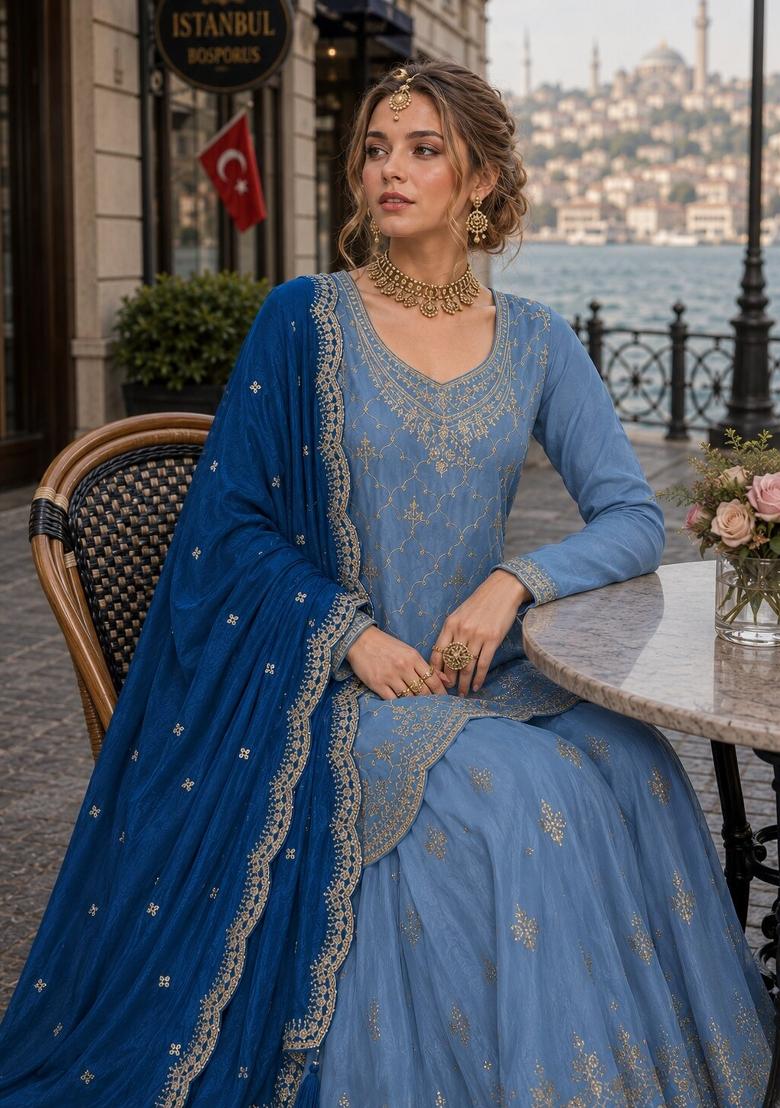 Blue Embroidered Silk Blend Kurta Set - Indya
