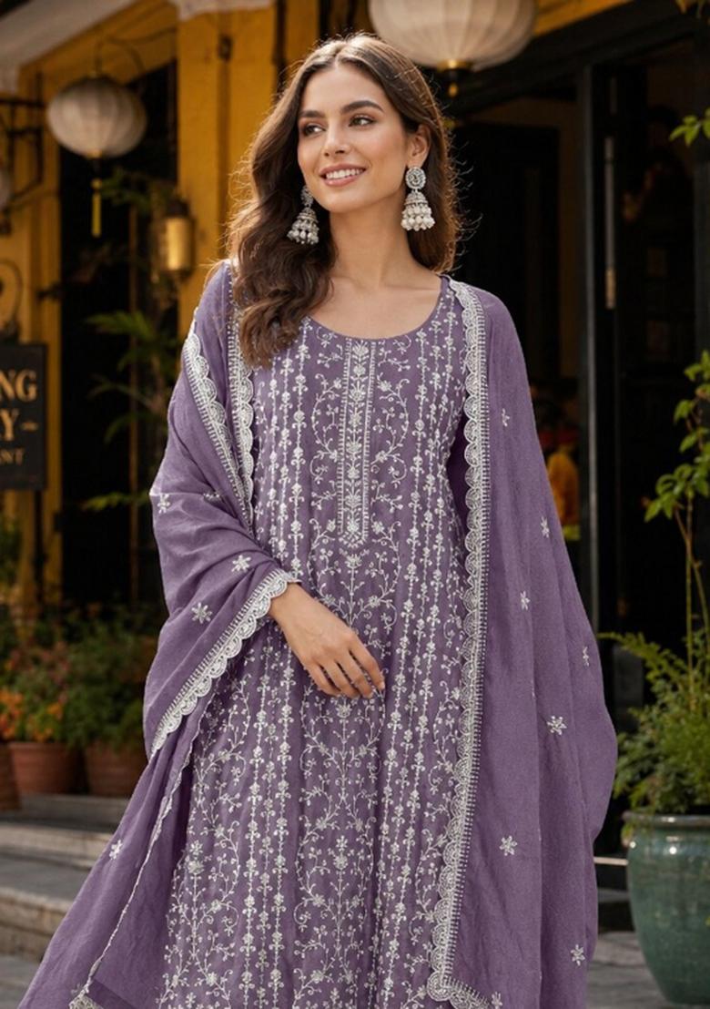 Purple Embroidered Silk Blend Kurta Set - Indya