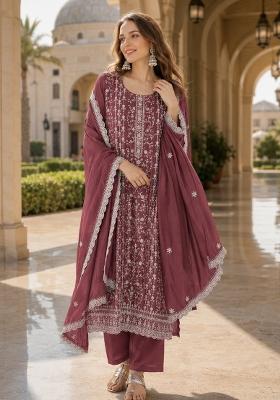 Maroon Embroidered Silk Blend Kurta Set