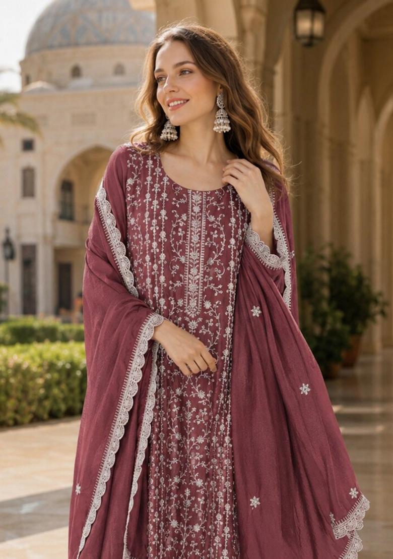 Maroon Embroidered Silk Blend Kurta Set - Indya