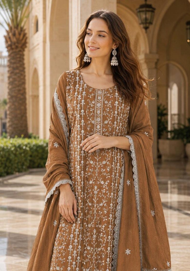 Dark Mustard Embroidered Silk Blend Kurta Set - Indya