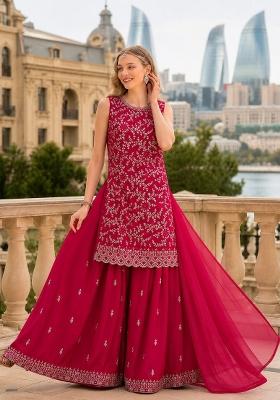 Red Embroidered Georgette Kurta Set
