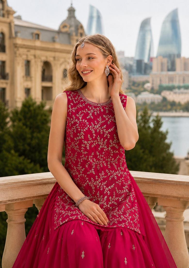 Red Embroidered Georgette Kurta Set - Indya
