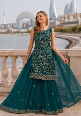 Teal Green Embroidered Georgette Kurta Set