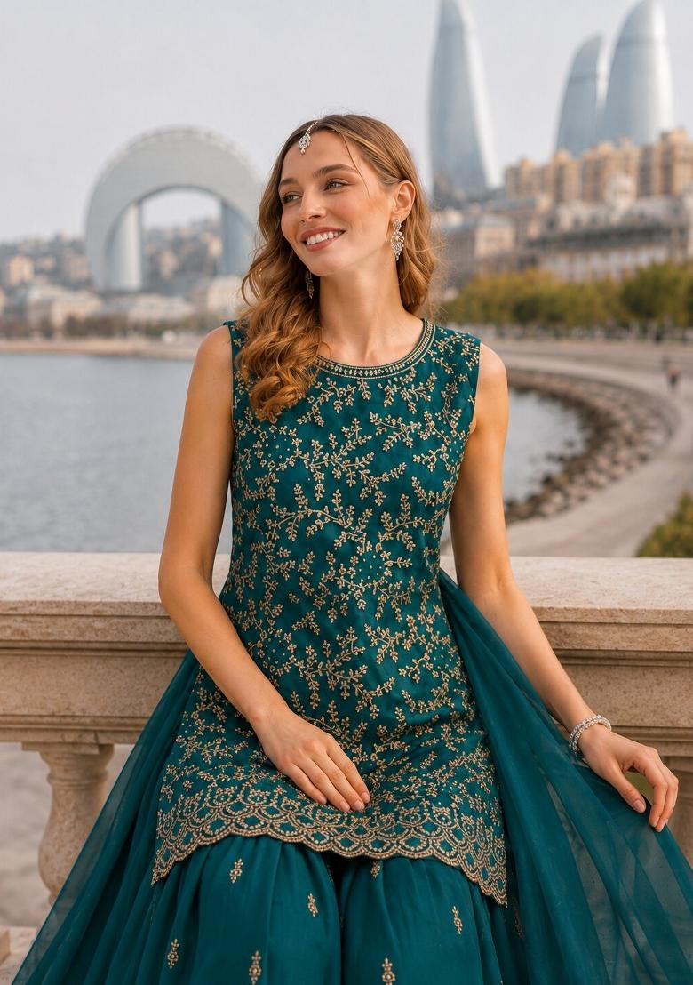 Teal Green Embroidered Georgette Kurta Set - Indya