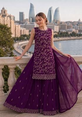 Purple Embroidered Georgette Kurta Set