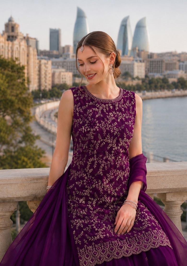 Purple Embroidered Georgette Kurta Set - Indya