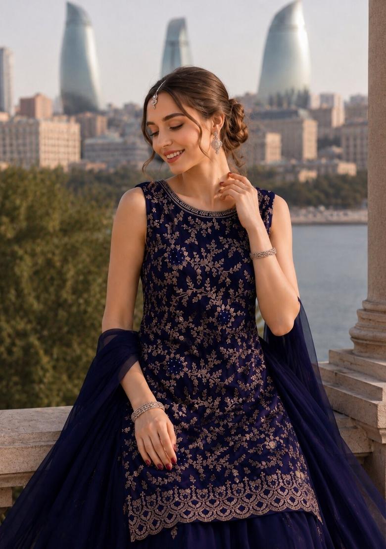 Violet Embroidered Georgette Kurta Set - Indya
