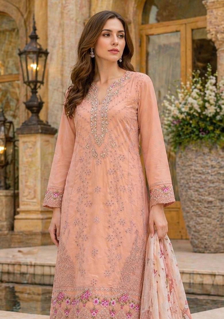 Baby Pink Embroidered Georgette Kurta Set - Indya