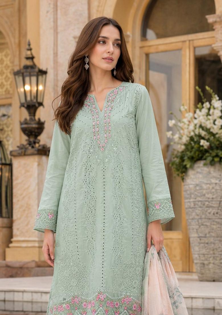 Sky Blue Embroidered Georgette Kurta Set - Indya