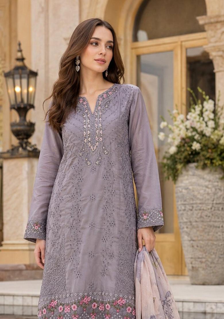 Grey Embroidered Georgette Kurta Set - Indya
