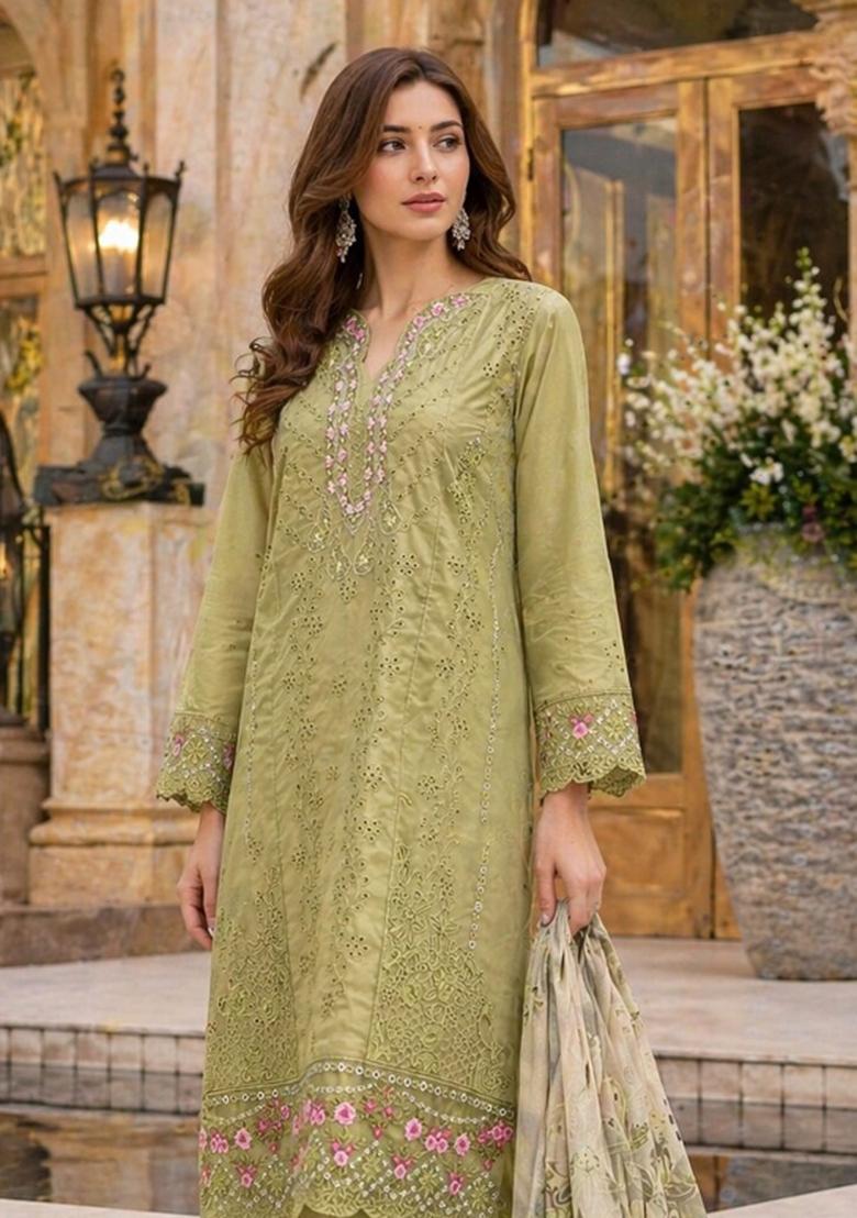 Mehendi Embroidered Georgette Kurta Set - Indya