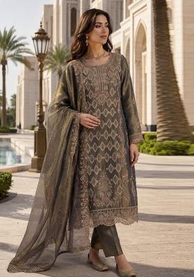 Dark Green Embroidered Silk Blend Kurta Set