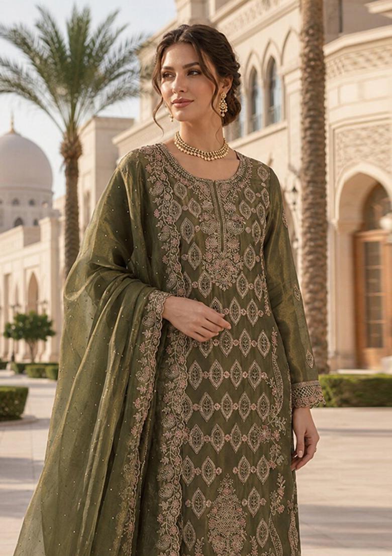 Mehendi Embroidered Silk Blend Kurta Set - Indya