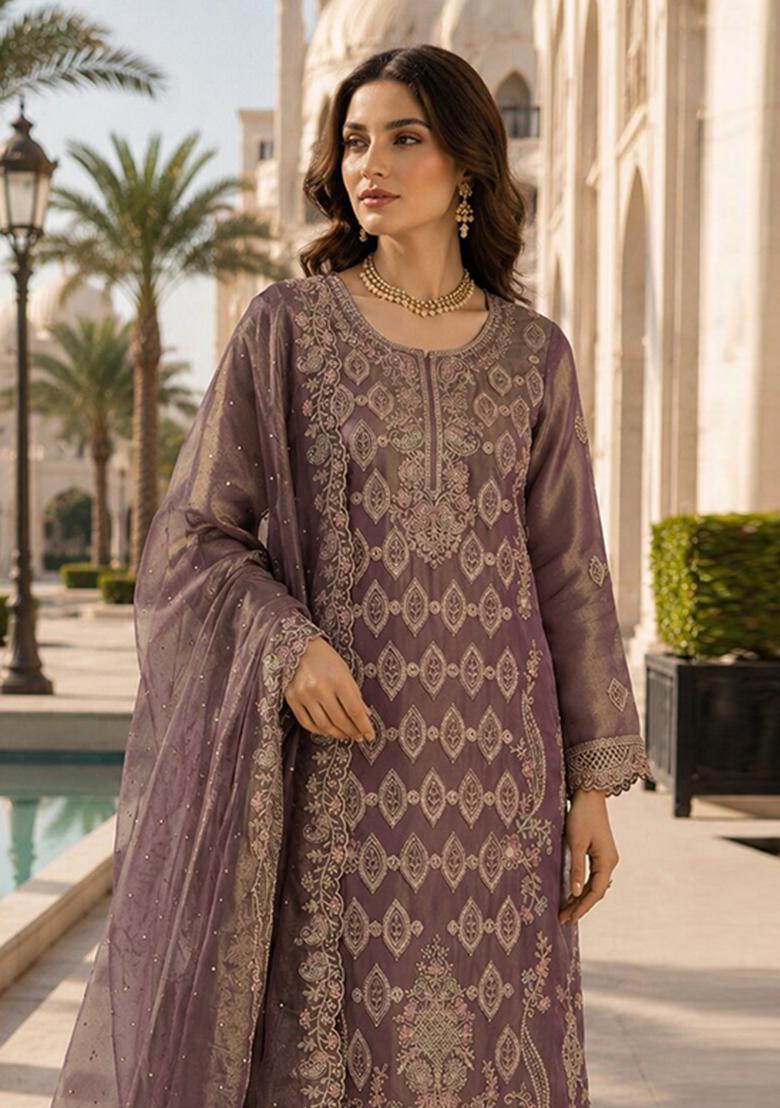 Purple Embroidered Silk Blend Kurta Set - Indya