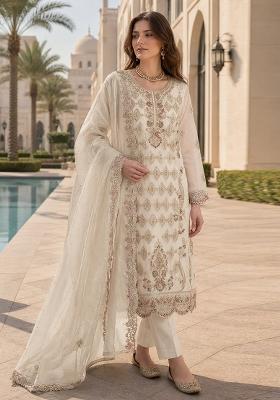 White Embroidered Silk Blend Kurta Set