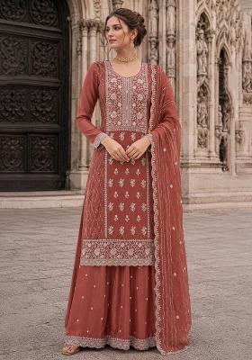 Peach Embroidered Silk Blend Kurta Set