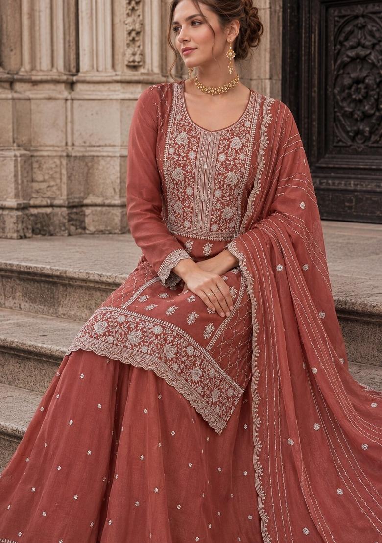 Peach Embroidered Silk Blend Kurta Set - Indya