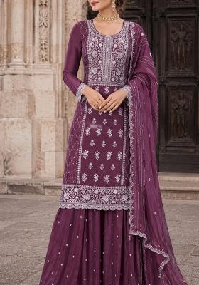 Wine Embroidered Silk Blend Kurta Set
