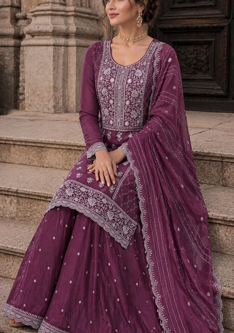 Wine Embroidered Silk Blend Kurta Set - Indya