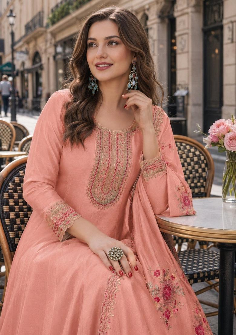 Peach Embroidered Silk Blend Kurta With Dupatta - Indya