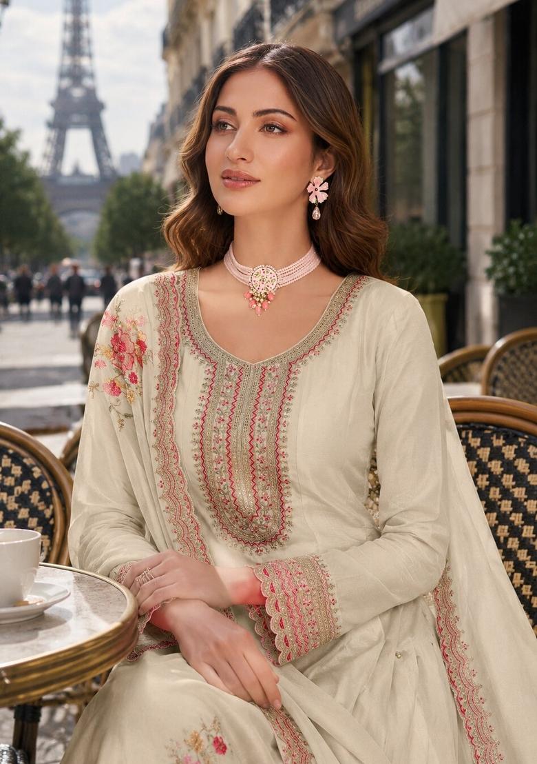 Cream Embroidered Silk Blend Kurta With Dupatta - Indya