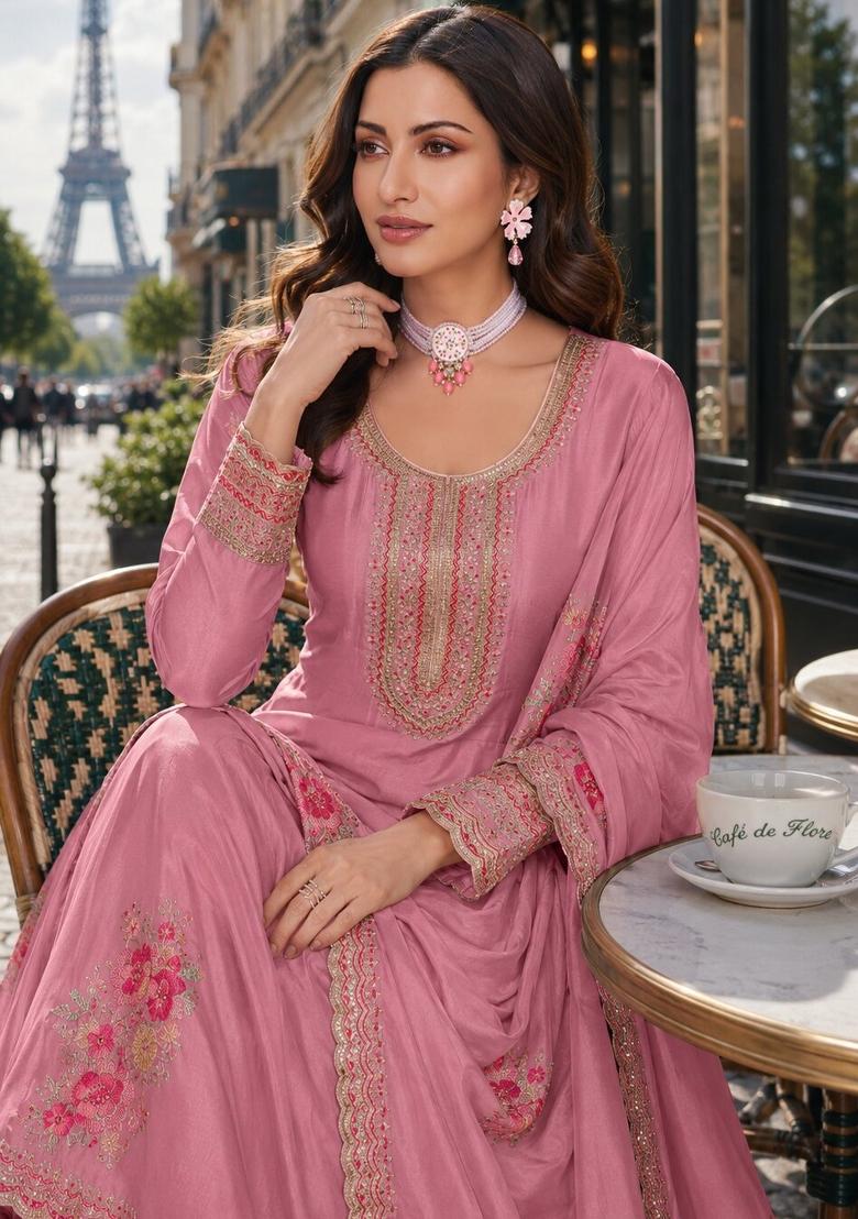 Pink Embroidered Silk Blend Kurta With Dupatta - Indya