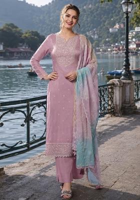 Lavender Embroidered Silk Blend Kurta Set
