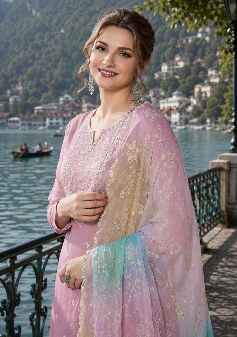 Lavender Embroidered Silk Blend Kurta Set - Indya