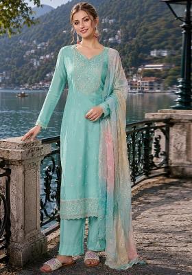 Aqua Blue Embroidered Silk Blend Kurta Set