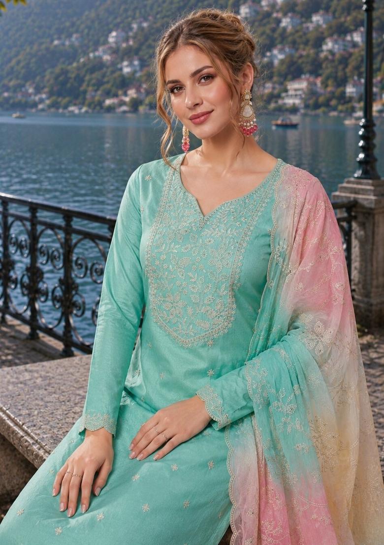Aqua Blue Embroidered Silk Blend Kurta Set - Indya